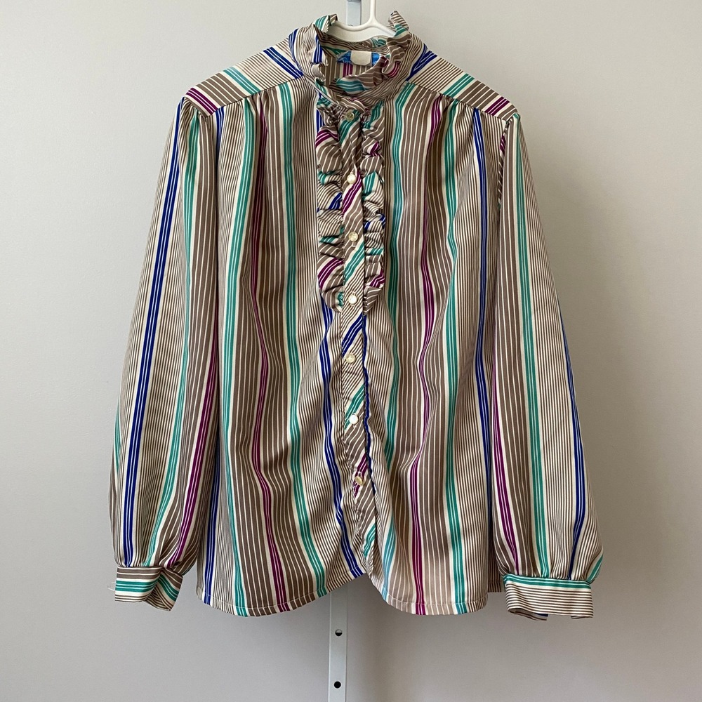 Lady Holiday Quirky Victorian Office Siren Ruffle Stripe Blouse L Multi